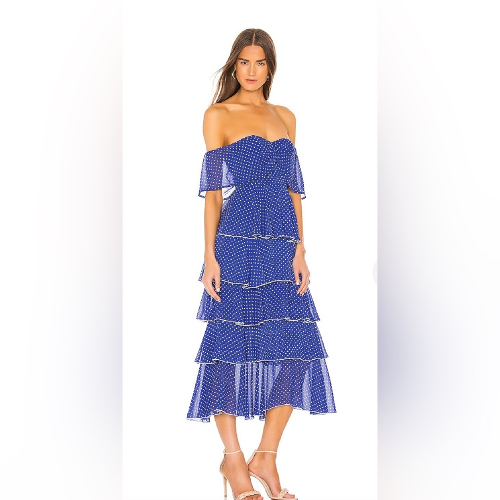 LOVER FRIENDS WOMENS DRESS BLUE POLKA DOT OFF SHOULDER CORSET TIER XS